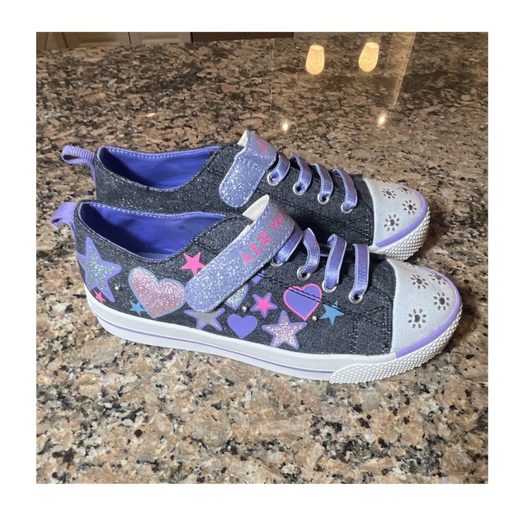 AIRWALK Girls‎ Low Top Sneakers Denim Glitter Hearts Stars Hook & Loop US 3